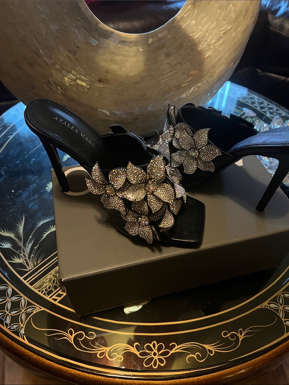 Azalea Wang Black Crystal Floral Stiletto Heels